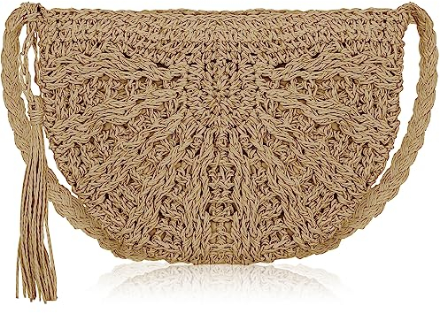 Grantop Women's Straw Clutch Purse, Beach Shoulder Tote Handbag with Adjustable Strap Natural Handmade Woven Straw Shoulder Bag Summer Purse Bag for Evening Party(Khaki)