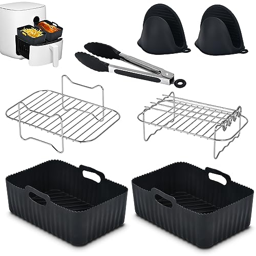 Silicone Air Fryer Liners, KIKIGOAL 7 PCS Air Fryer Accessories for Ninja Dual AF400UK & Tower T17088 & AF300UK, 8.46inch Reusable Air Fryer Liners & Air Fryer Rack & Silicone Gloves & Silicone Tong