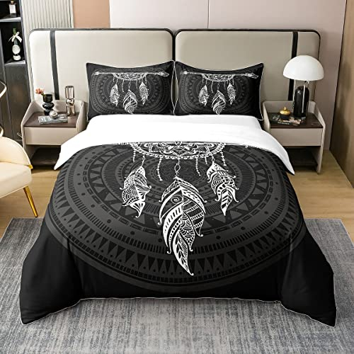 100% Baumwolle Traum Catcher Bettbezug 155x220,Boho Dreamcatcher Feder Bettwäsche Set für Mädchen,Schwarzer Weißer Mandala Bettbezug,Indischer Pfeil Geometrische Azteken Bett Sets mit1 Kissenbezug