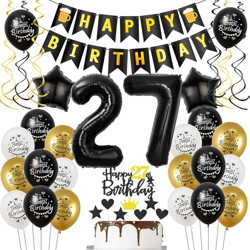 Luftballons 27. Geburtstag Schwarz Golden, Geburtstagsdeko 27 Jahre Mann Frauen, Ballon 27. Geburtstag, Folienballon Zahl 27, deko 27. geburtstag Frauen, Schwarz Tortendeko 27 Mann Deko