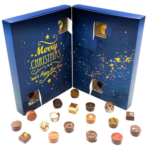 Hallingers Christmas Time - Adventskalender Pralinen Geschenk handmade ohne Alkohol aus Edelkakao Schokolade (Box) - Geschenk im Sommer & als perfektes Grillgeschenk | Glückwunsch Chanukka Freundschaf
