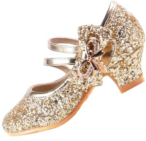 EIGHT KM Girls High Heel Dress Shoes Mary Jane Princess Wedding Party Pump Shoes EKM7035 Sparkle Glittery Crystal Metallic Bow Gold UK Toddler Size 8