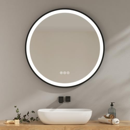 EMKE Badspiegel mit Beleuchtung 80cm wandspiegel rund mit 3 Lichtfarbe dimmbar, Antibeschlag, Speicherfunktion,Touch,3 Stunden automatische Abschaltung,energiesparend Spiegel rund
