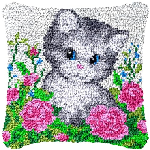 3D-Kissenbezug-Knüpfhaken-Stickset Zum Selbermachen – Rosenbusch-Katze-Garn-Kissenbezug-Set Für Anfänger, Modisches Tier-Kreuzstich-Set, Heim-Sofa-Dekoration, Kissenmatte, Einzigartiges Geschenk,