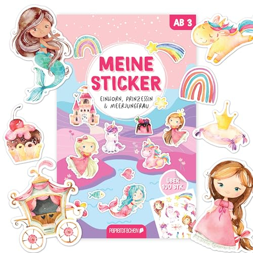 Papierdrachen Stickerblock Einhorn, Prinzessin & Meerjungfrau - Über 100 Vielfältige Sticker | Perfekt für Kreatives Gestalten | tolles Mitbringsel oder Geschenkidee Set 1