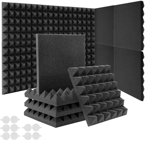 JAMELO 12 pièces mousse acoustique pyramidale 25 x 25 x 5 cm, mousse polyuréthane haute densité pour isolation phonique absorbeur de bruit isolation phonique traitement acoustique et décoration murale