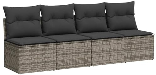 vidaXL Gartensofa mit Kissen 4-Sitzer Grau Poly Rattan