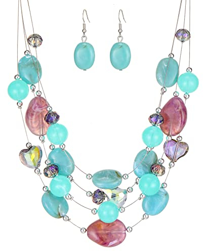 FULU AUTUMN Chunky Statement Kette Damen Mehrreihige Perlenkette und Ohrringe Modeschmuck Set für Frauen Mama Frau Oma Muttertags Geschenk(1-Turquoise colorful)