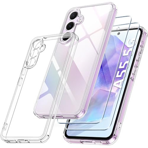 Qasyfanc Coque pour Samsung Galaxy A55 5G avec 2 Pièces Verre Trempé, [Protection Caméra] [Protection Militaire] Antichoc Antirayures Hybrid Housse pour Samsung A55 5G, Transparent