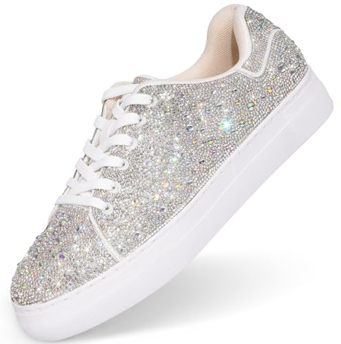 Qinpos Strass-Sneaker für Damen, glitzernde Tennisschuhe, Plateau-Bling, Silber, modisch, glitzernde Pailletten, Schuhe für Hochzeit, Party, Brautkleid, silber, 42 EU