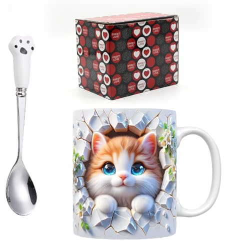 Celestia Taza Gato, Tazas Originales para Regalar, Taza de Cafe, Mug Tazza con Cucchiaio in Acciaio Inox, Novedad Copa de la Mañana té Leche Navidad Jarra Regalo 350ml