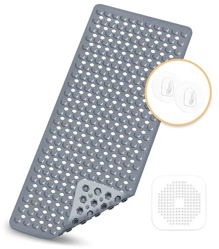 Badewannenmatten rutschfest Kinder，100% BPA frei Enthält 2 Haken zum Aufhängen&Abflusssieb Silikon,100x40cm，Antirutschmatte für Badewanne，Duschmatte,schimmelresistent & maschinenwaschbar (Dunkelgrau)