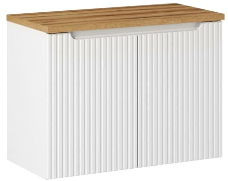Lomadox Badezimmer Waschtischunterschrank 80cm, weiß und Eiche mit gerillter Front