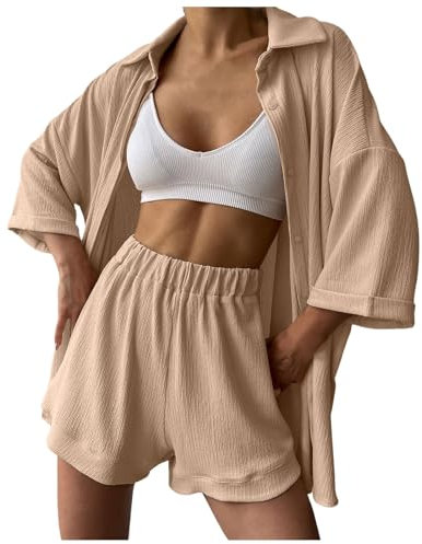 Women's Shirt and Shorts Summer Muslin Blouse Two-Piece Beach wear for Women Damen Festival Outfit Sets Damen Sommer Sport Set musselin Pyjama Damen teveo Familien Outfit Set