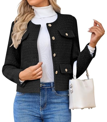 HUEOBIR Tweed Blazer Damen Jacken lässig Langarm Button Down Geschäft Kurze freie freie Jacken