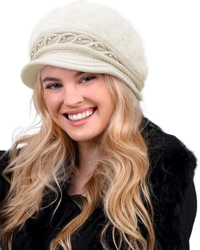 Joligiao Winter Hats for Women Warm Fleece Lined Knit Hat with Brim Beanie Ladies Hat Visor Knitted Peaked Beret Hats Thermal Baker Boy Hat Cabbie Cap(Beige)