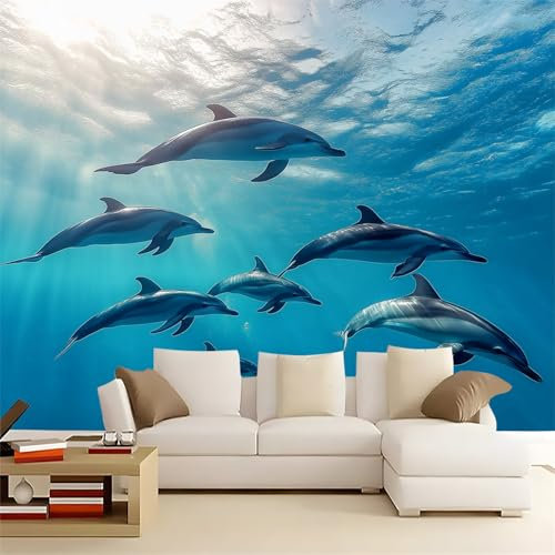 Art Papier peint Dauphin Sous Marin Animal Papier Peint intissé 200 x 140 cm Décoration Murale Papier peint Photo Bleu Salon Chambre décoratif Papier Peint