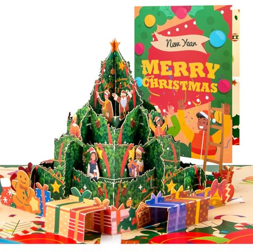 Magic Ants 3D Pop-Up Weihnachtskarte, Weihnachtsbaum, Santa Claus, Geschenke, Zuckerstangen, Lebkuchenhaus, Weihnachts- und Neujahrsgruß, Handgefertigt, für Familie, Freunde, Festliche Karte