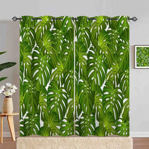 ANHOPE Rideau Tropical Vert Feuilles de Palmier Rideau Occultant Thermique Isolant Tenture Opaque à Oeillets Draperies Intérieurs pour Maison Chambre Salon Fenetre 2 Pièces L 140 x H 280 cm