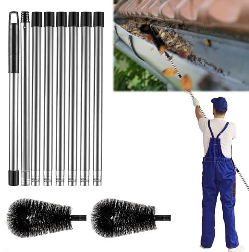 Gutter Cleaning Brush Tools, 320cm Portable Gutter Cleaner with 2 Brushes and 8Pcs Detachable Poles for Cleaning Leaves Window Gutter Hanging Light Spider Web (Black)