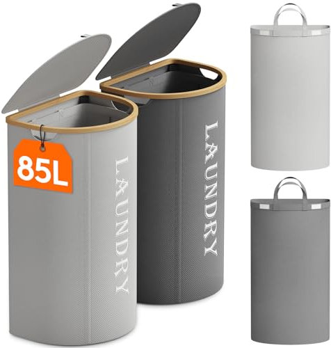 Lifewit 170L - Cesto para la colada con tapa, 2 unidades, grande, con 2 compartimentos y 2 bolsas de lavandería extraíbles, para lavandería, dormitorio, gris y gris plateado