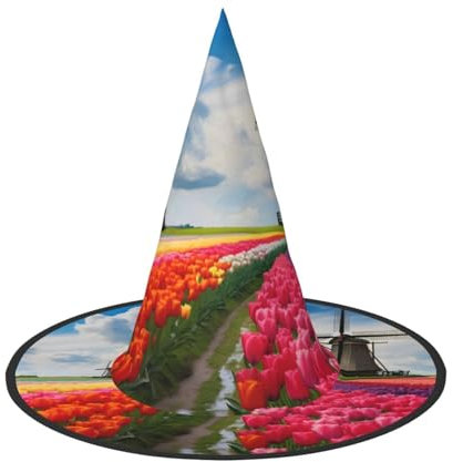 RAIZHE Red tulips and windmill Spooktacular Halloween Witch Hat 1 PCS Premium Costume Accessory for Parties Carnivals Role-Playing Halloween hat