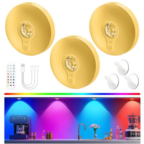 Rechargeable Puck Lights with Remote, 3 Pack Magnetic Under Cabinet Lighting, 1500mAh Battery Operated LED Tap Lights with Dimmer & Timmer for Kitchen, Closet, Shelf - 3 Color Temps & 12 RGB, Gold
