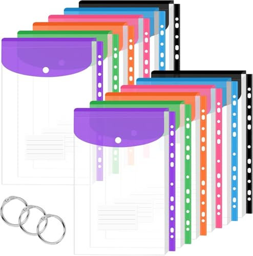 Vakki Dokumentenmappe A4, 12 Stück Transparent Dokumententasche A4 zum abheften, Erweiterbare Sammelmappe Tasche mit 11 Lochrand, Druckknopf für Organisieren von Dokumenten - 6 Farben