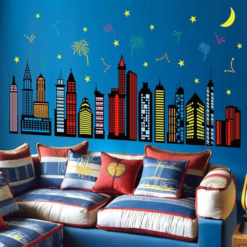 Stadt Skyline Wandtattoo für Jungen: Abziehen und Kleben Bunte Helden Stadt Gebäude Sterne Stadtsilhouette Wandaufkleber - Wanddekoration Kunst Kinderzubehör Alter 1-12 Jahr