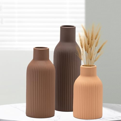 VASETOPIA Keramik Vase 3 Stück, Nordischer Boho Stil Blumenvasen Home Decor für Pampasgras, Bücherregal, Flur(Braun/Dunkelbraun/Orange)