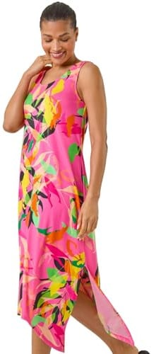 Roman Hanky Hem Swing Dress with Pockets for Women UK Ladies Asymmetric Hemline Stretch Jersey 3/4 Sleeve Winter Smart Casual Work Office Knee Length Tunics - Floral Pink - Size 14