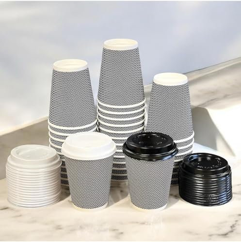 12oz Triple Wall Disposable Coffee Cups with Lids – Pack of 100 – Compostable, Leak-Proof & Insulated – Food Certified Hot Drink Takeaway Cups – Eco-Friendly Paper Cups