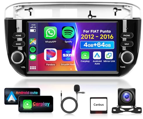 4G 64G VECHTEL 7 Bluetooth-Autoradio für FIAT Punto 2012－2016 Carplay Android Auto Wireless, DSP EQ, WiFi GPS Navi, Mirror Link, RDS/FM Radio 2 Din mit AHD Rückfahrkamera