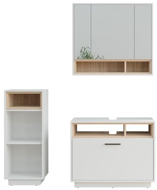 Vicco Badmöbel-Set Beatrice, Weiß/Sonoma, 80 cm, besteht aus Waschbeckenunterschrank, Spiegelschrank und Midischrank