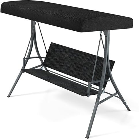 COSTWAY 3 Seater Garden Swing Chair, Outdoor Indoor Canopy Swing with Rattan Seat Back and Adjustable Shade, 450kg Max Load Metal Frame Hammock Swinging Bench Lounger Seat