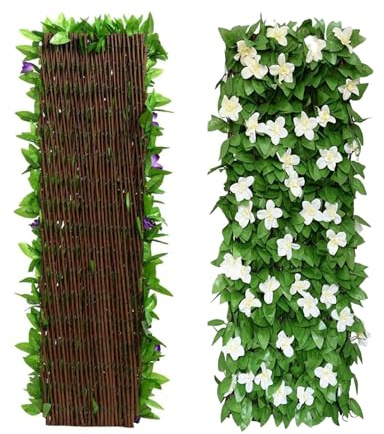 Expanding Garden Trellis Panels, 200x40cm Expandable Garden Fence Screening with Artificial Ivy and Violet Flower,Decorative Faux Ivy Leaf Privacy Screen Greenery Backdrop for Backyard (White, 1 PCS)