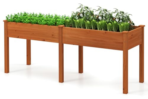 GOPLUS Jardinières Exterieur Surélevé en Bois de Sapin avec Pieds, 184 x 58 x 77 CM, Carre Potager Élevée avec Séparateur, 8 Trous de Drainage, Idéal pour Légumes, Fleurs, pour Patio, Jardin (Jaune)