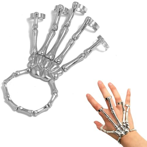 JEYORZY 1 pcs Skelett Hand Ringe Halloween Skull Armband Handknochen Punk Gothic Skelettarmband Horror Knochen Armband mit Rring Gelenkfinger Bracelet Schädel Handschmuck für Erwachsene Party Kostüm