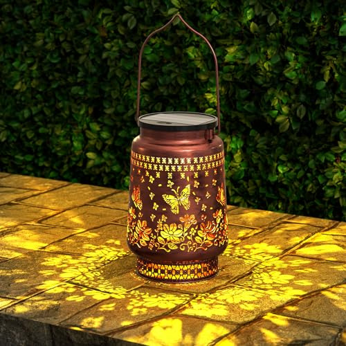 MALUX Schmetterling Solarlaterne für Außen, IP44 Wassergeschützte Solar-Lampe mit Warmweißem LED-Licht, Tragbare Kabellose Hängelaterne für Garten– Perfektes Geschenk für Frauen, Mütter
