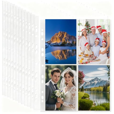 Transparente Postkartenhüllen, 30 Pack 240 Taschen A4 Foto Hüllen für A4 2/3/4 Ringbuch,Transparente Postkartenhüllen mit 4 Fächern, Loading Fotoalbum Nachfüllseiten Foto, Transparent Postcard Sleeves