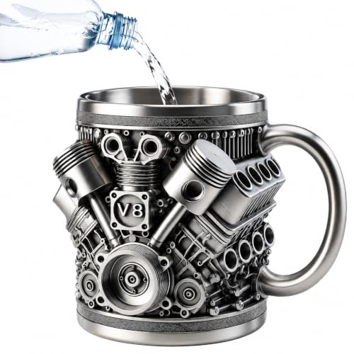 Yieson 3D V8 Motoren Edelstahlbecher, 300ml V8 Motordesign Edelstahlbecher, Auto Motoren Form Teetassen, für Zuhause, Büro, Reisen und Autoliebhaber (Silbergrau)