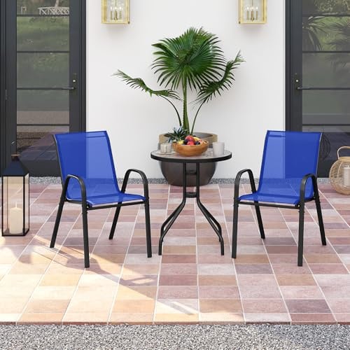 GOPLUS Salon de Jardin Extérieur 2 Personnes avec 2 Fauteuils et Table Basse, Salon de Balcon avec Plateau en Verre Trempé, Cadre Métallique, Table et Chaises d'Extérieur pour Terrasse (Blue)