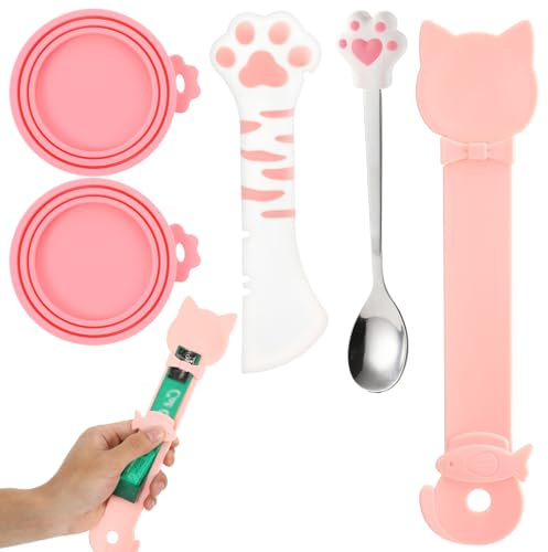 Gemoioio 5Pcs Silicone Cat Food Can Lids, Cat Food Can Cover Set with Cats Treat Squeeze Spoon, Cats Foods Spoons Opener, Stainless Steel Wet Foods Spoons for Feeding