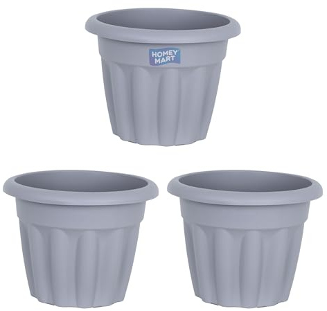 Homey Mart Vista 33cm Round Planter Upcycled Grey – Lightweight Indoor & Outdoor Plant Pot, Weather Resistant Garden Planter, Drainage Ready Design 12L Capacity - 3-Pack
