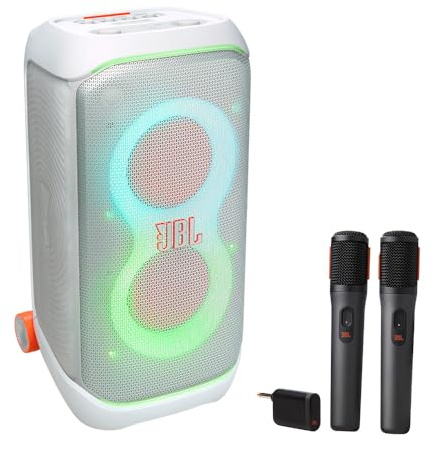 JBL PartyBox Stage 320 - Altavoz portátil para fiesta con sistema de micrófono inalámbrico (blanco)