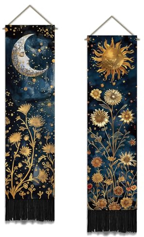 SUPERDANT 2 Vintage Sonne Mond Wandteppich Set Blumen Vertikaler Wandbehang Boho Wanddekoration Mystische Ästhetik Wandteppiche Für Schlafzimmer Wohnzimmer Eingangsbereich Büro 130x33cm