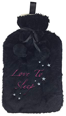 Hot Water Bottle With Soft Plush Fur Knitted Fleece Removable Cover, Black., S