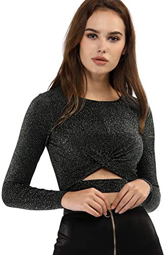 Allegra K Damen Crop Top Festival Outfit Glitzer Langarm Rundhals Crop Top Bauchfreies Shirt Schwarz S