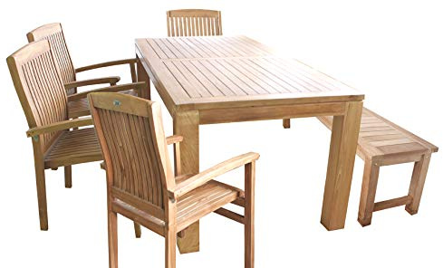 Mojawo 6-TLG. Teakholz Garnitur Esstisch 180x90x75cm + 1 Teakholz Bank + 4 Teakholz Stapelsessel