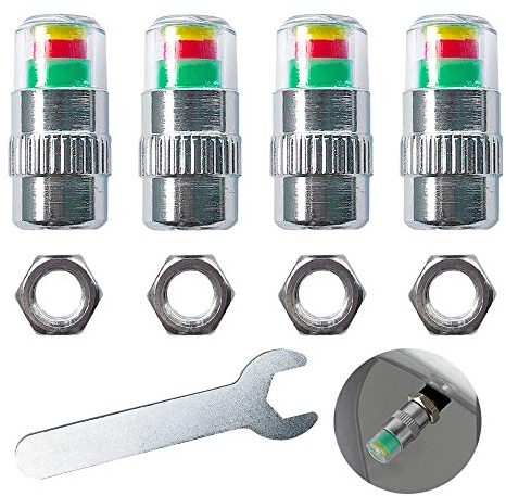 QitinDasen 4Pcs Premium Auto Reifendruckkontrolle Ventilkappen, Autoreifen Ventilkappe, Reifendruck Melder, Warnung Sicherheit 3 Farben Sensoranzeige, mit Muttern und Schraubenschlüssel